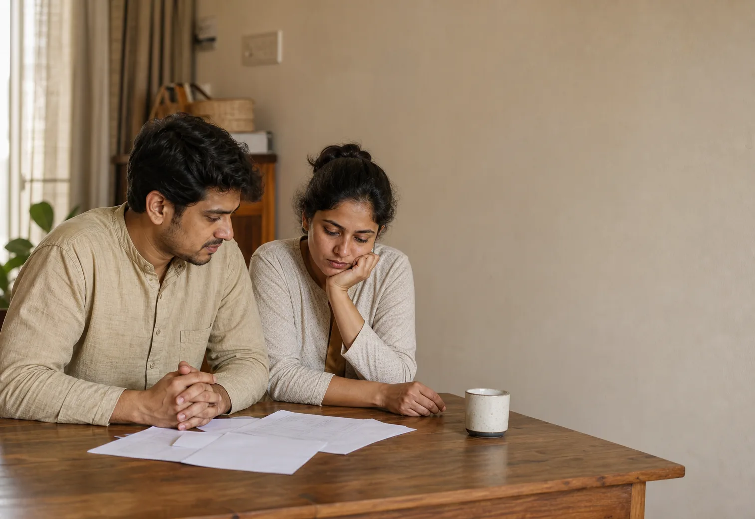 A couple sitting at a kitchen table,
looking down at papers spread between them
